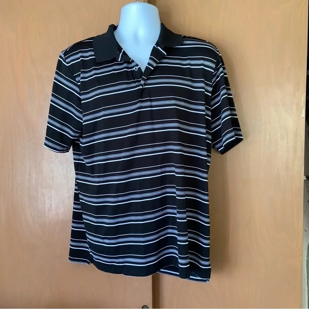 ADIDAS Puremotion golf shirt, in black and white stripes —like new. Very sharp! - Picture 1 of 3
